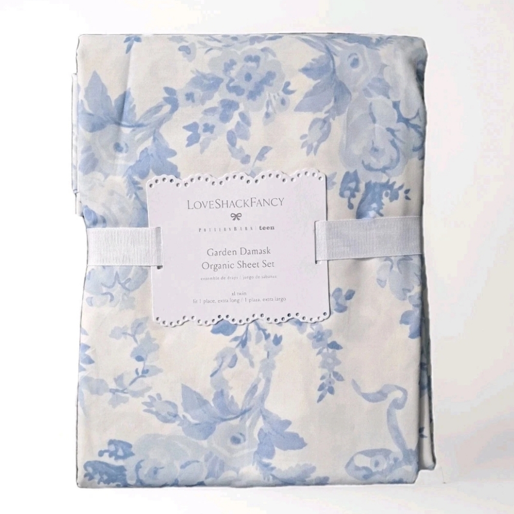 Pottery Barn Teen LoveShackFancy Garden Damask Organic Sheet Set Twin XL Blue